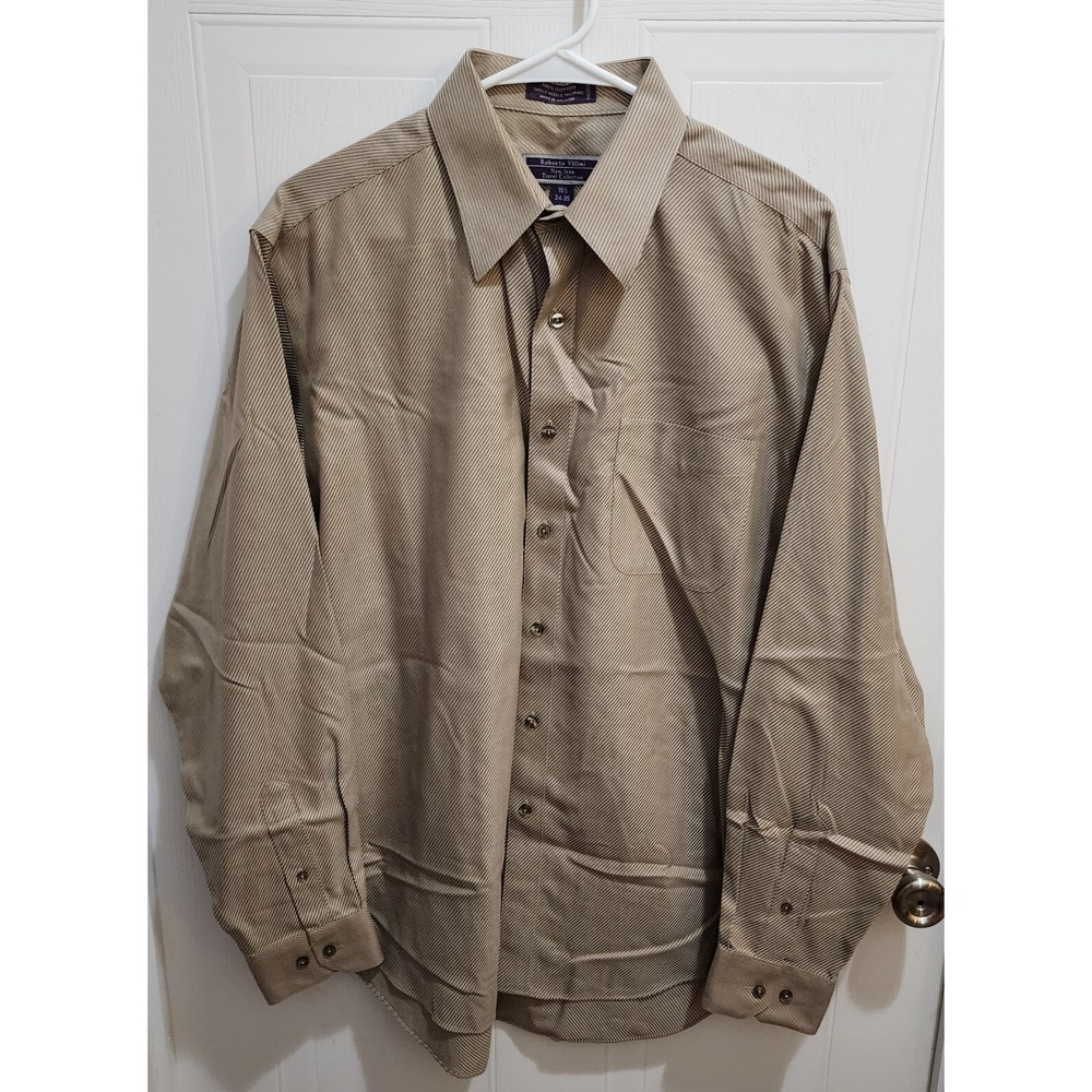 Roberto Villini‎ Mens Button Up Shirt 15.5 34/35 Beige Non Iron Single Needle